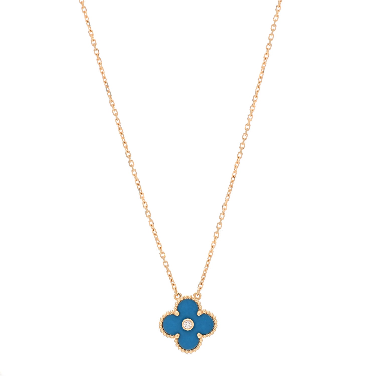 Van Cleef & Arpels 18K Yellow Gold Diamond Celestial Blue Sevres Porcelain Vintage Alhambra Pendant Necklace 1 of 7