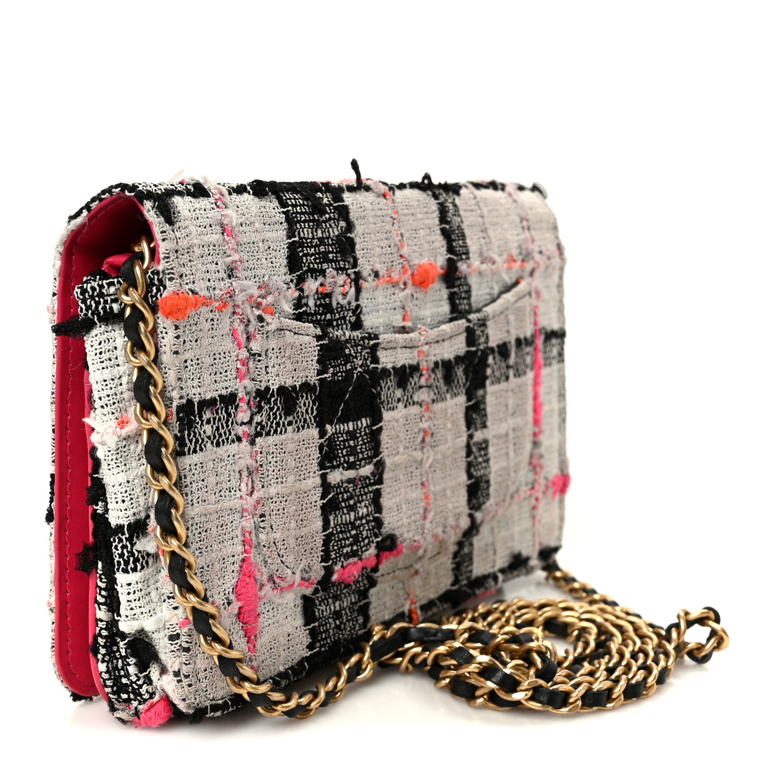 Chanel Tweed Calfskin Signe Wallet On Chain WOC Black Pink Orange 3 of 12
