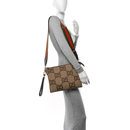Gucci Monogram Jumbo GG Textured Dollar Calfskin Web Wristlet Messenger Bag Camel Ebony New Acero 2 of 10