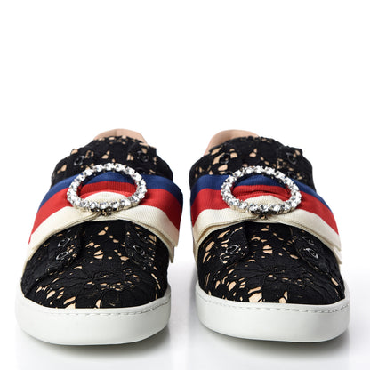 Gucci Lace Crystal Sylvie Web Flower Leaf Womens Ace Sneakers 37.5 Black Tan Beige 2 of 8