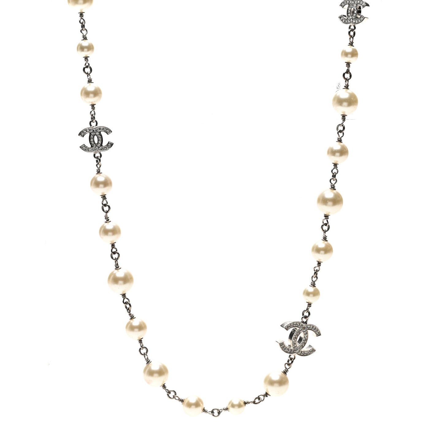 Graduated Pearl Crystal CC Long Necklace Silver