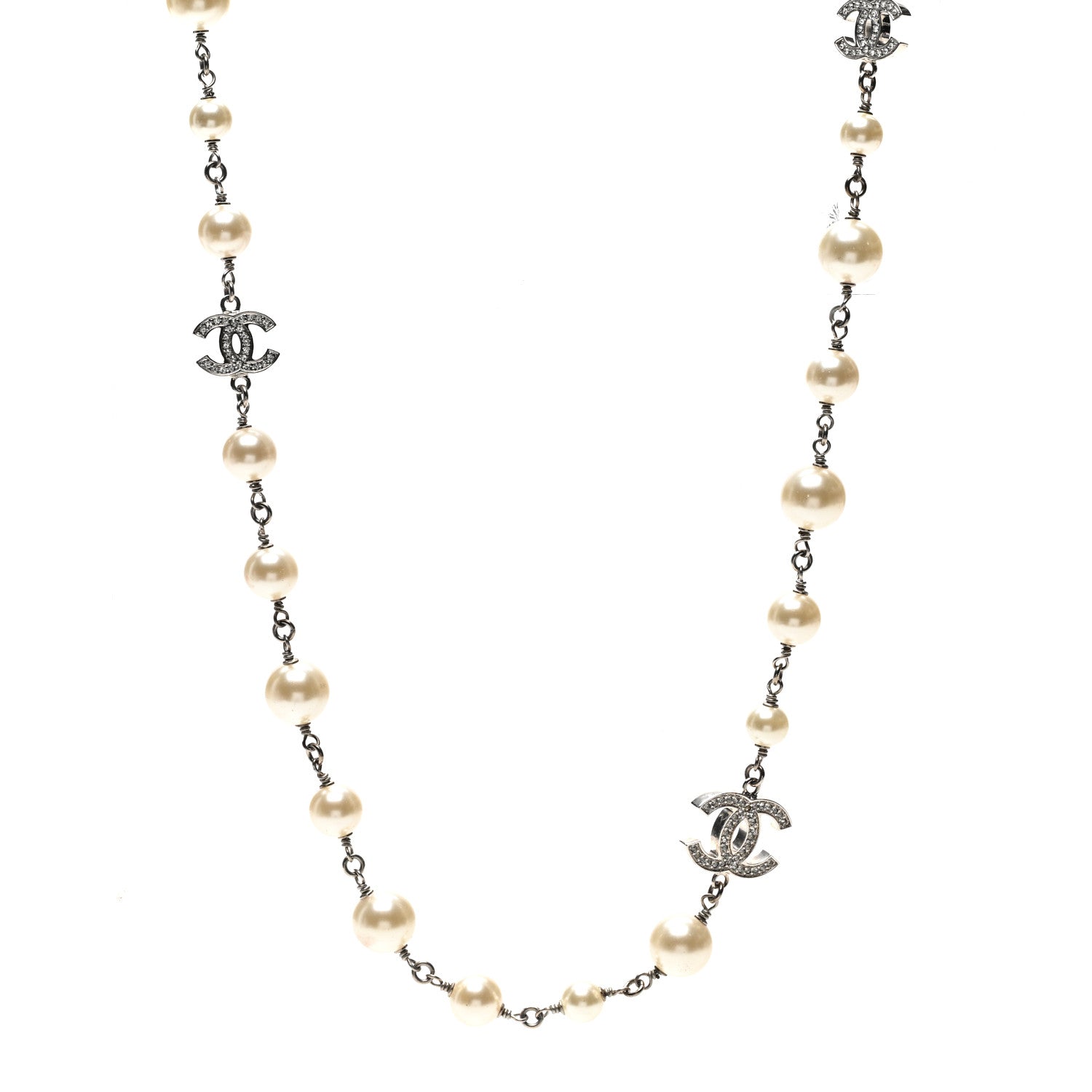 Chanel Graduated Pearl Crystal CC Long Necklace Silver 1 of 5