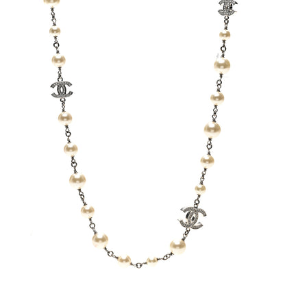 Chanel Graduated Pearl Crystal CC Long Necklace Silver 1 of 5