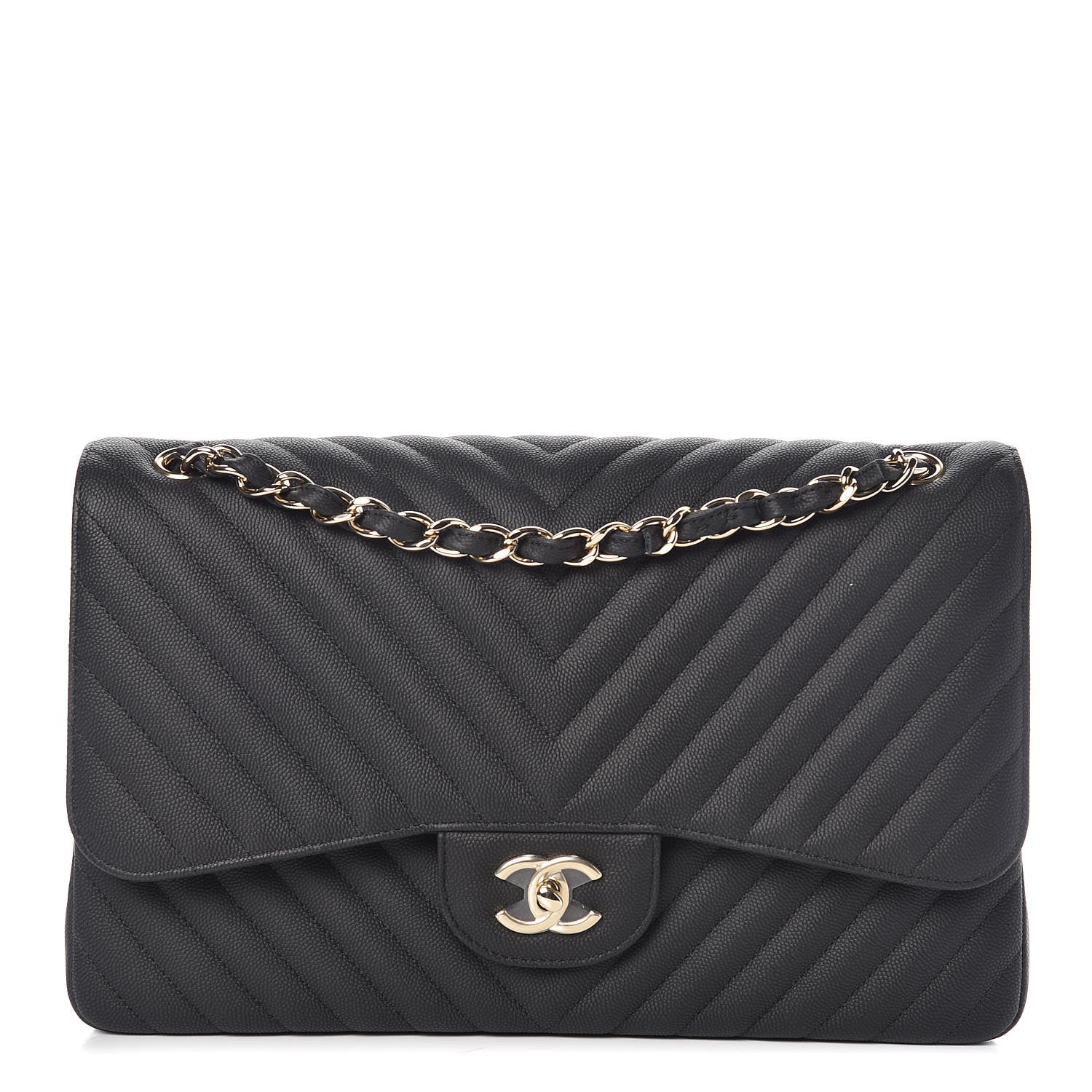 Chanel Caviar Chevron Quilted Jumbo Double Flap Black 1 of 11
