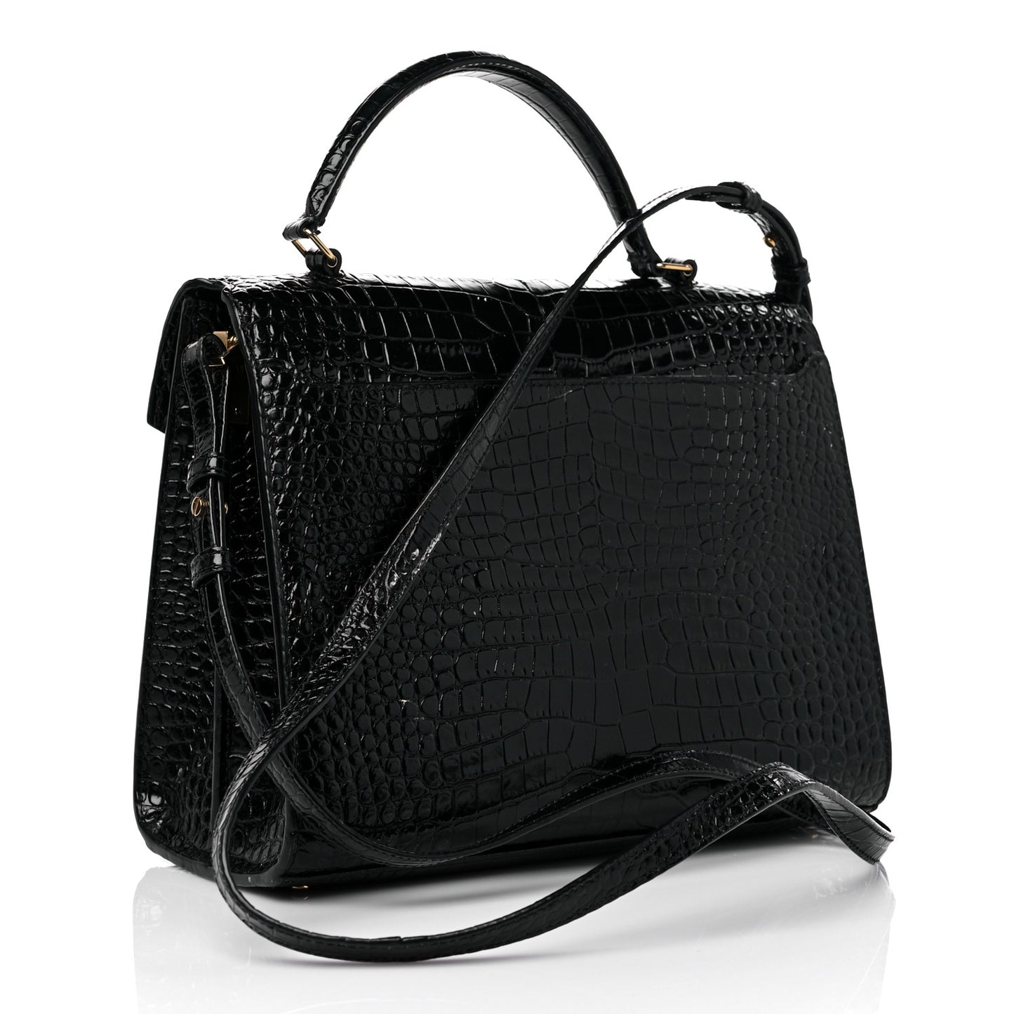 Calfskin Crocodile Embossed Medium Classic Monogram Cassandra Top Handle Black