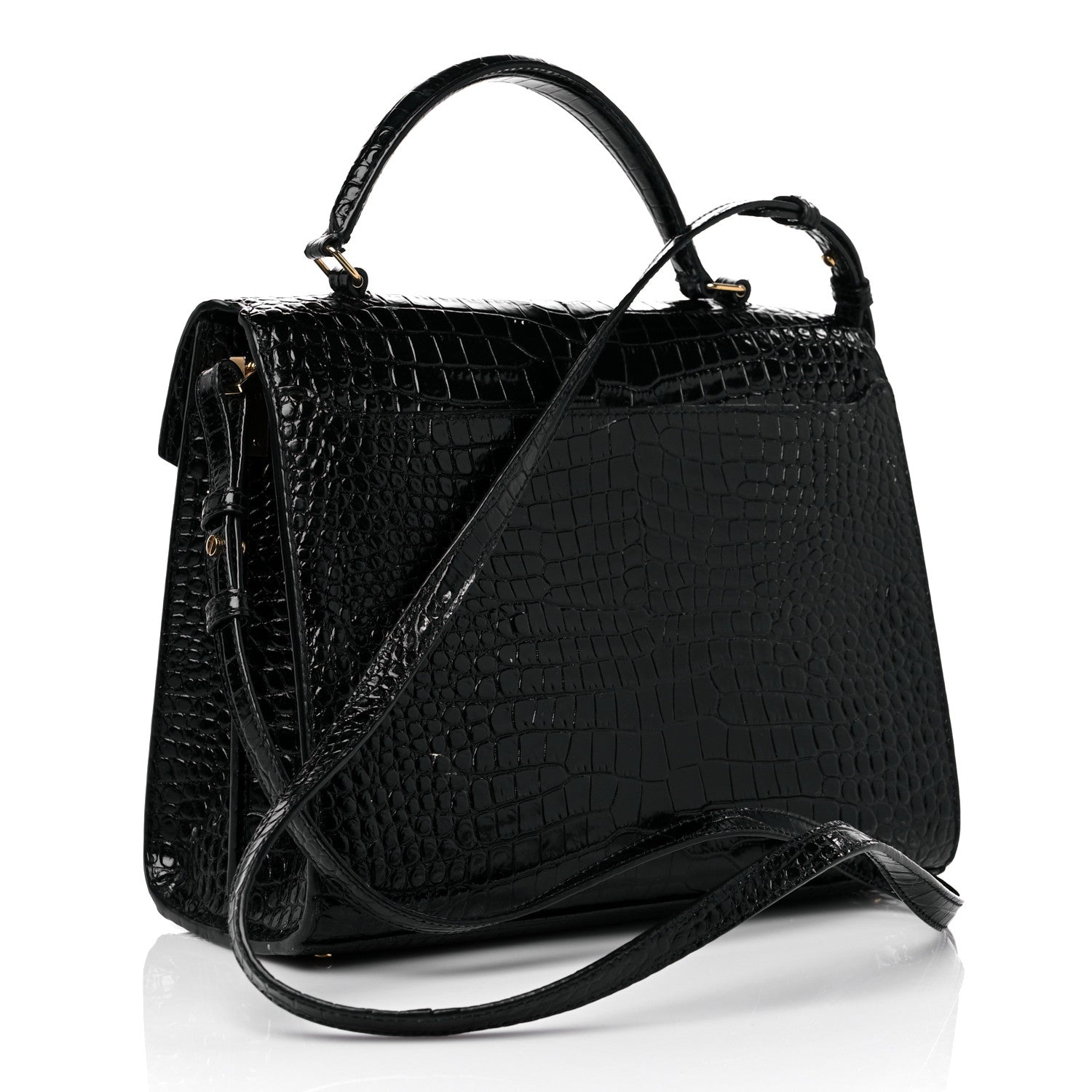 Saint Laurent Calfskin Crocodile Embossed Medium Classic Monogram Cassandra Top Handle Black 3 of 19