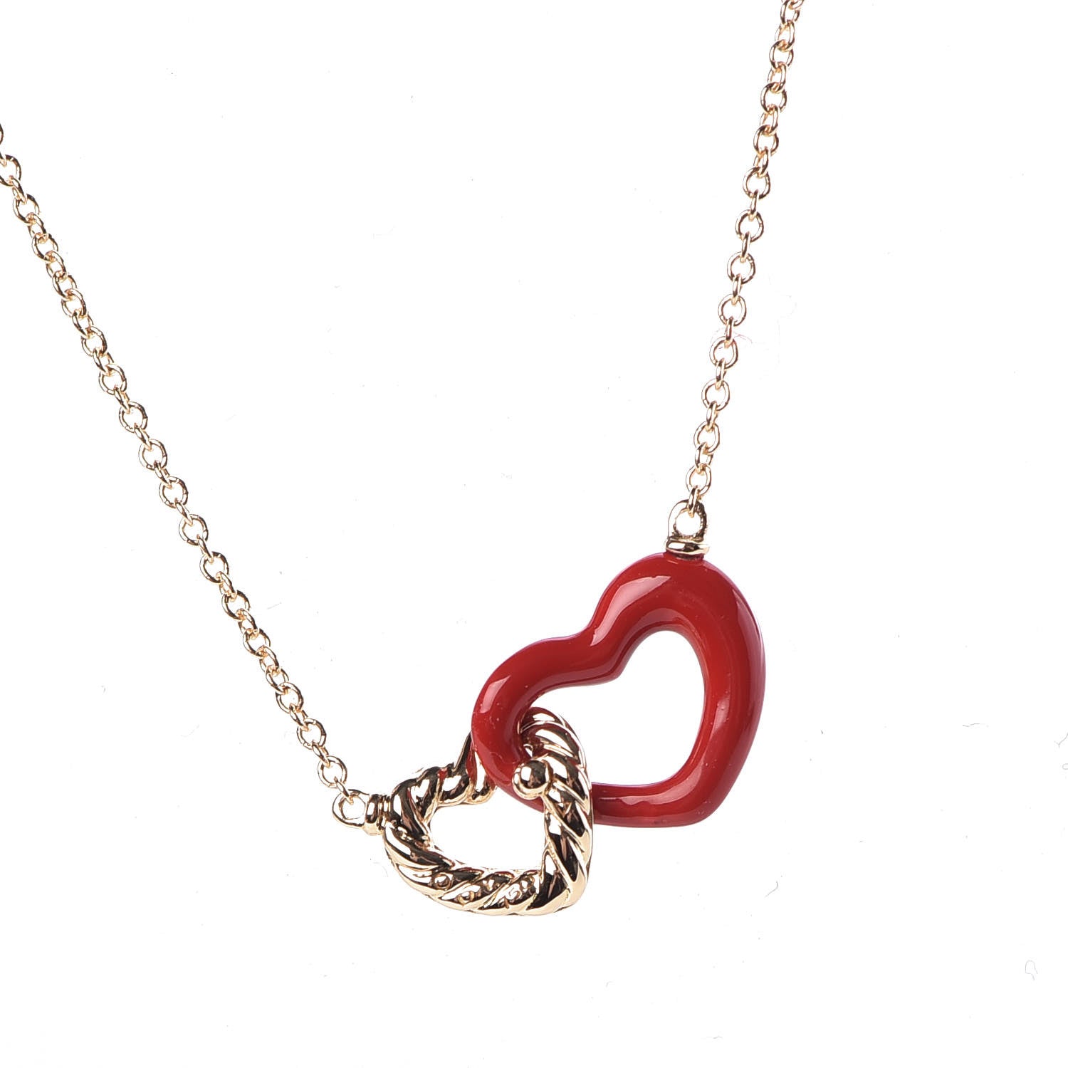 David Yurman 18K Yellow Gold Diamond Enamel Cable Double Heart Pendant Necklace Red 7 of 7