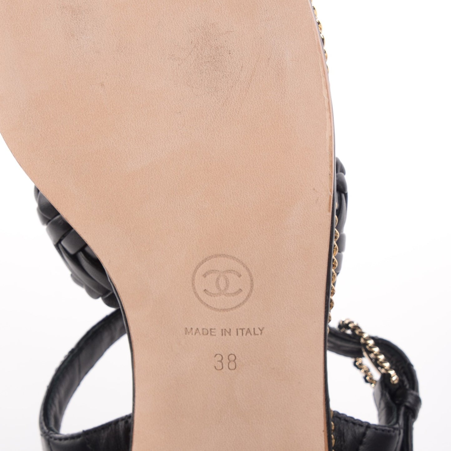 Calfskin Woven Chain Around CC Sandals 38 Black