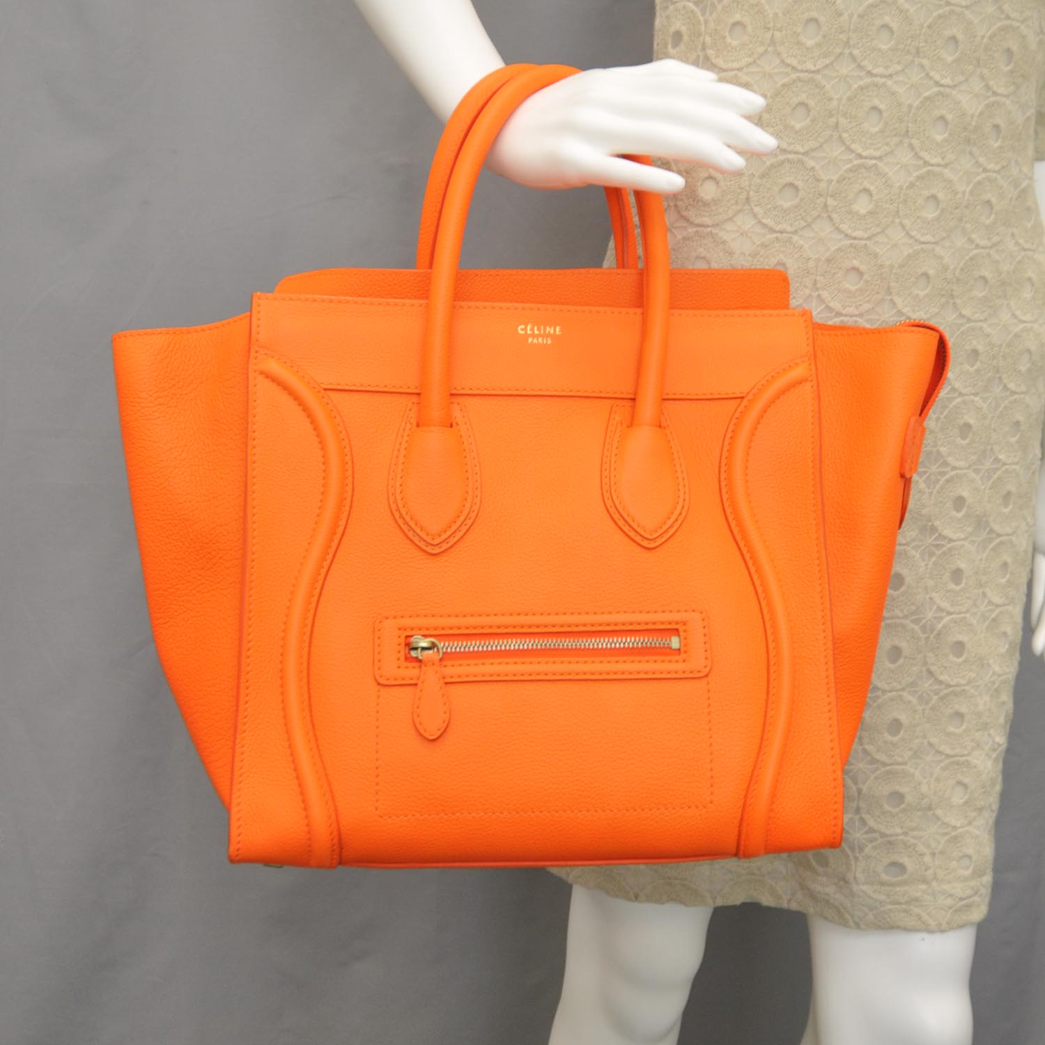 Celine Pebbled Leather Mini Luggage Bag Fluo Orange 2 of 10