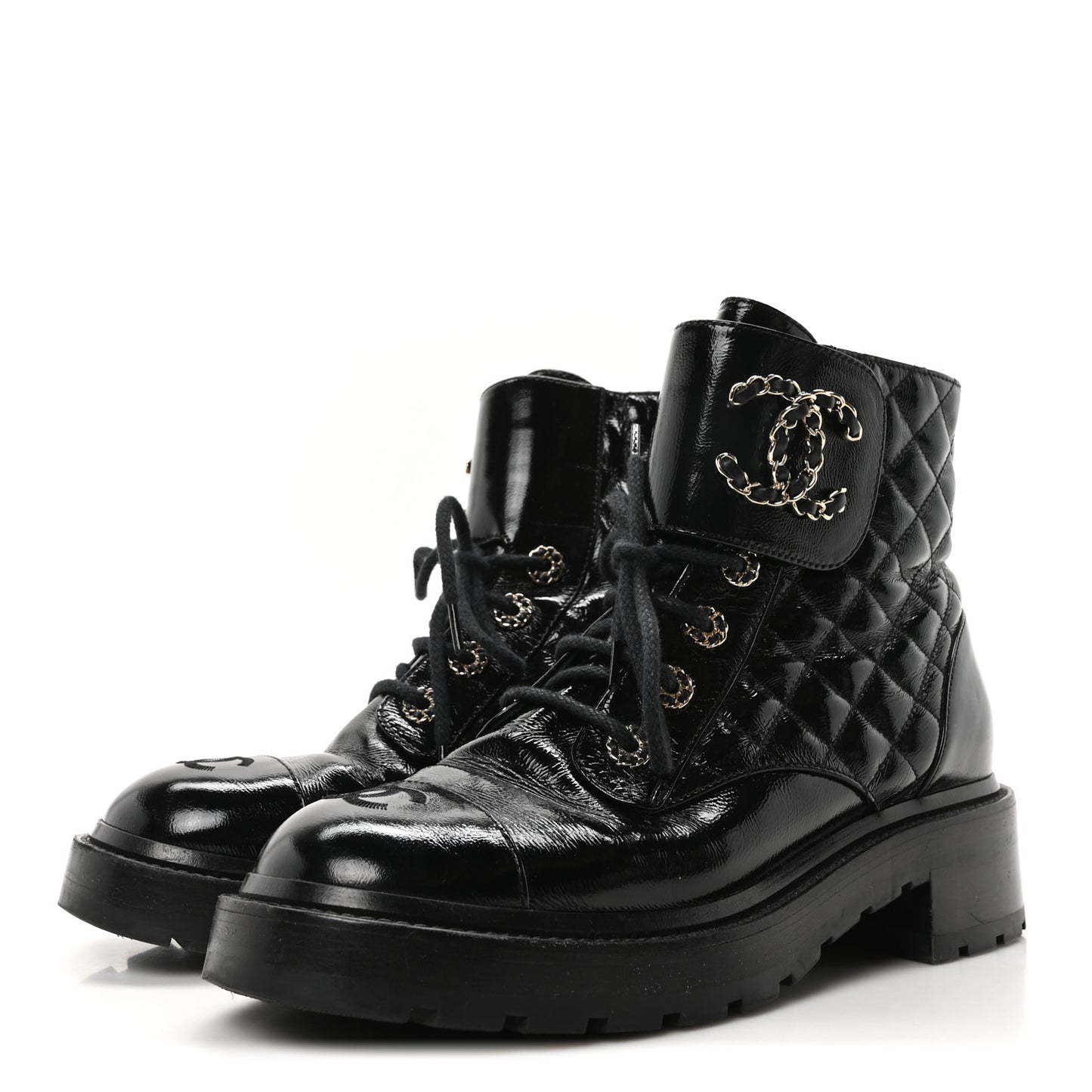 Shiny Calfskin Quilted Lace Up Combat Boots 39 Black
