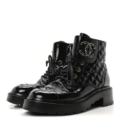 Chanel Shiny Calfskin Quilted Lace Up Combat Boots 39 Black 4 of 9
