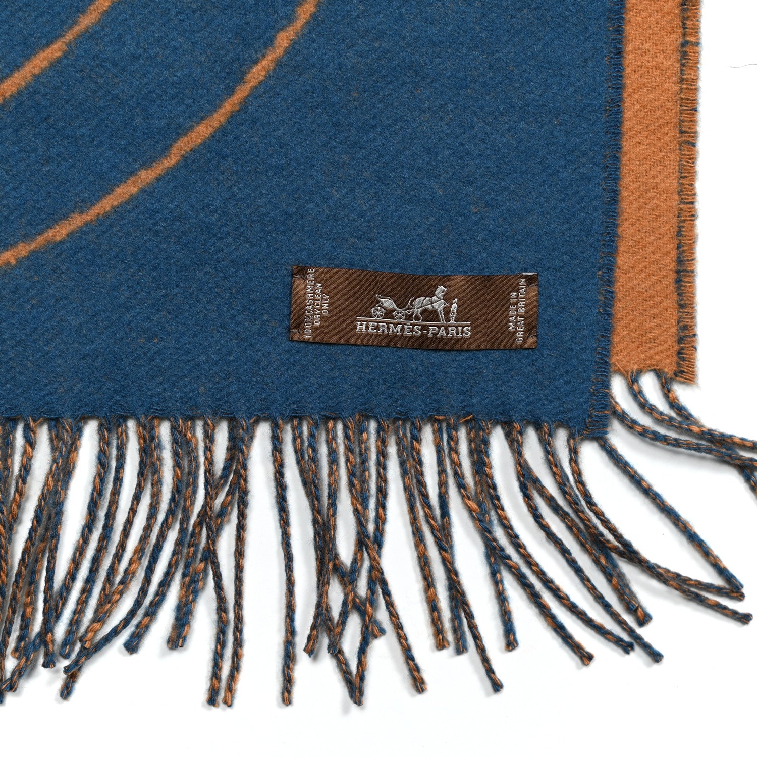 Hermes Cashmere Casaque Entrelacs Equestres Muffler Bleu Pilote Camel 5 of 5