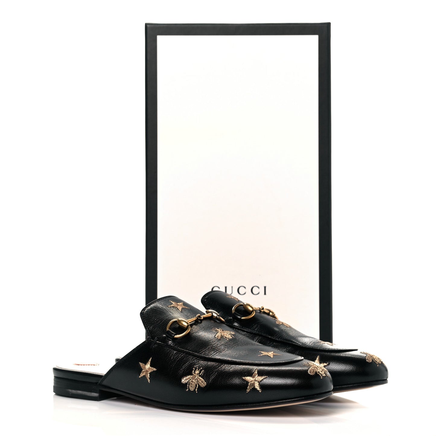 Goatskin Bee Star Embroidered Womens Princetown Slippers 39 Black