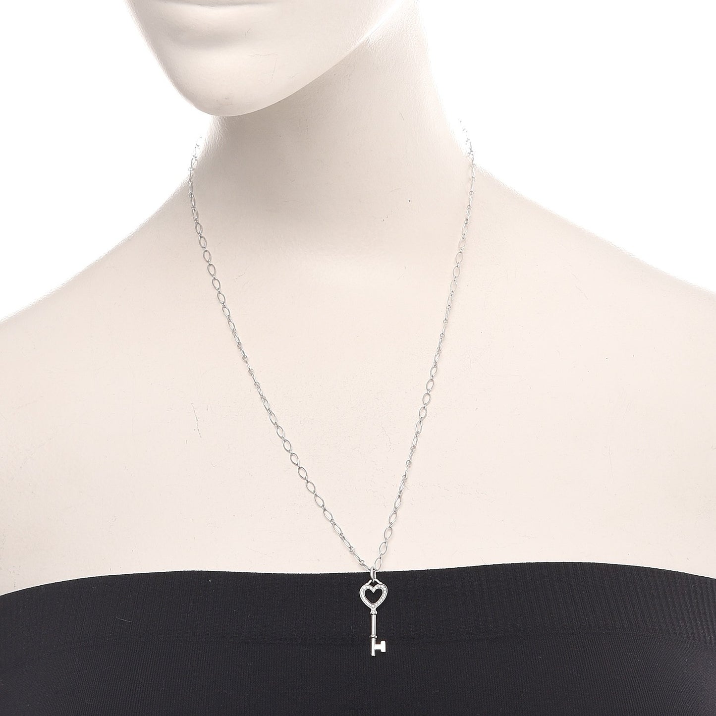 18K White Gold Diamond Mini Heart Key Charm Pendant Link Necklace