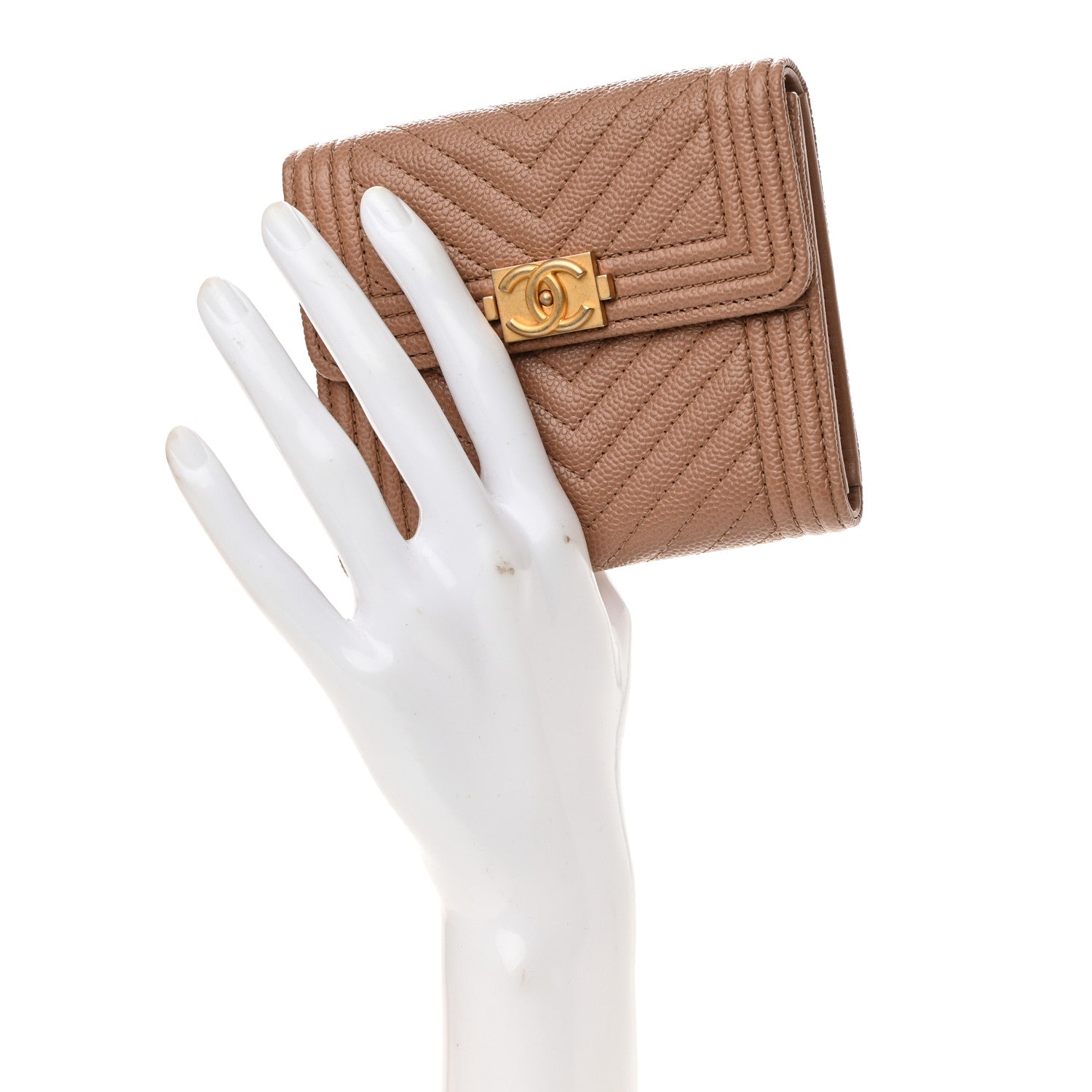 Chanel Caviar Chevron Quilted Boy Compact Wallet Light Brown 2 of 9