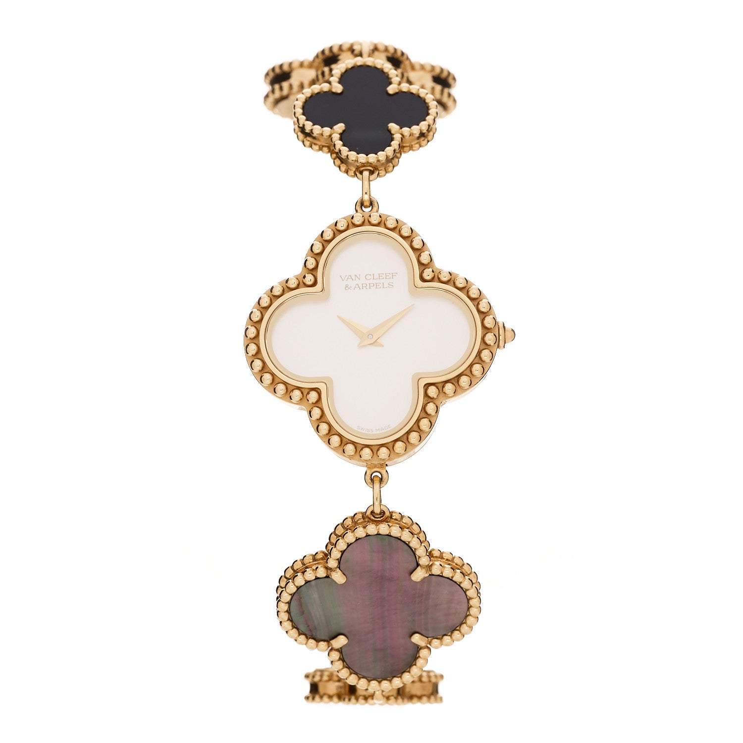 Van Cleef & Arpels 18K Yellow Gold Mother of Pearl Black Onyx 26mm Alhambra Quartz Watch 1 of 5