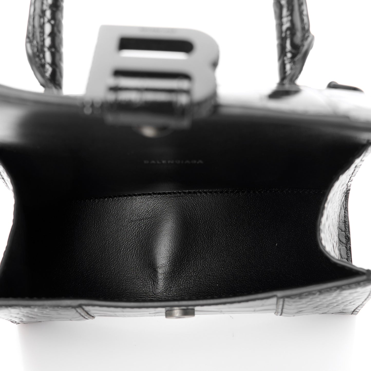 Shiny Calfskin Strass Monochrome Crocodile Embossed Hourglass Top Handle Bag XS Black