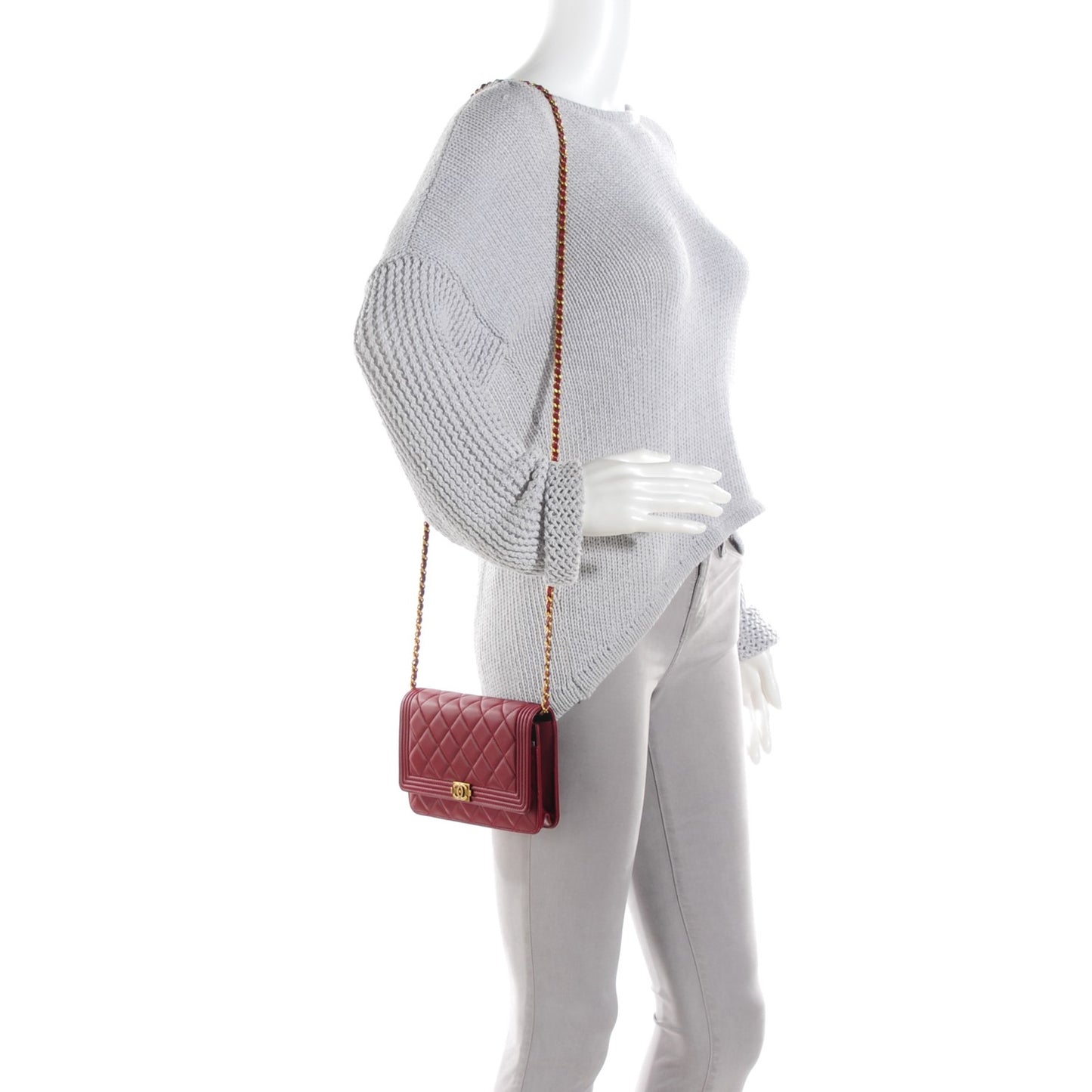 Lambskin Quilted Boy Wallet On Chain WOC Dark Red