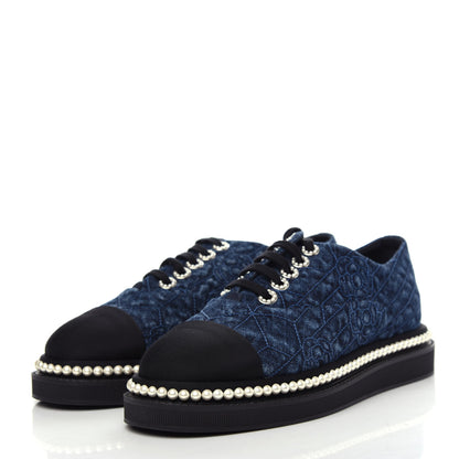 Chanel Denim Grosgrain Camellia Pearl Lace Up Sneakers 37 Blue Black 3 of 10