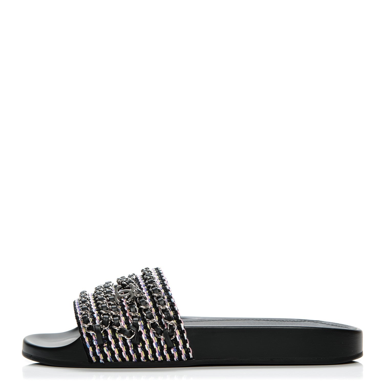 Chanel Tweed Lambskin Chain Flat Sandals 39 Black Multicolor 1 of 8