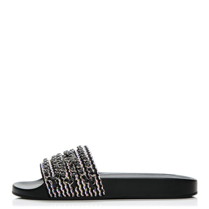 Chanel Tweed Lambskin Chain Flat Sandals 39 Black Multicolor 1 of 8