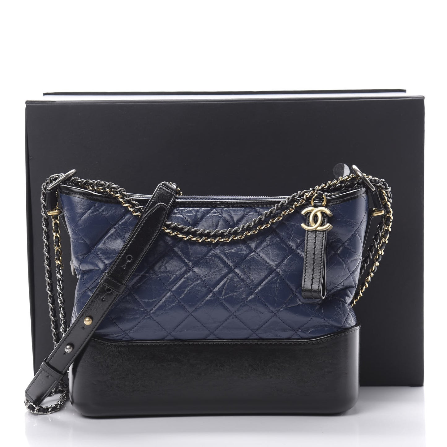Aged Calfskin Quilted Medium Gabrielle Hobo Navy Black