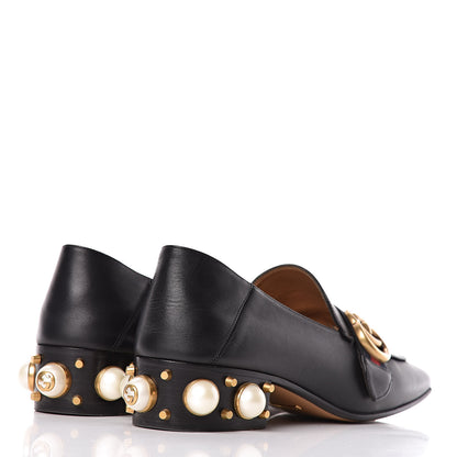 Gucci Betis Glamour Calfskin Web Pearl Embellished Peyton 35mm Loafer Pumps 37 Black 4 of 15