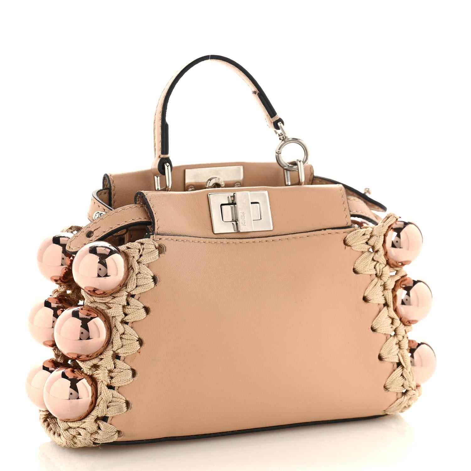 Fendi Vitello Century Pearl Embellished Lace Up Micro Peekaboo Iconic Satchel Makeup 3 of 10