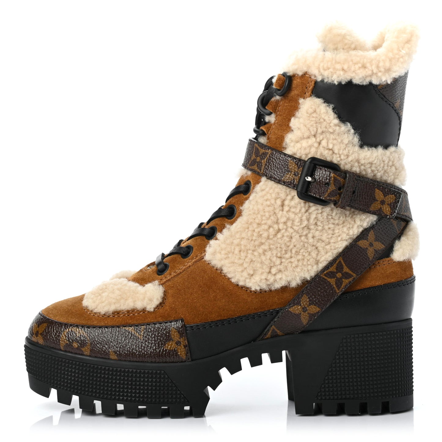 Suede Calfskin Shearling Monogram Laureate Platform Desert Boots 35 Cognac