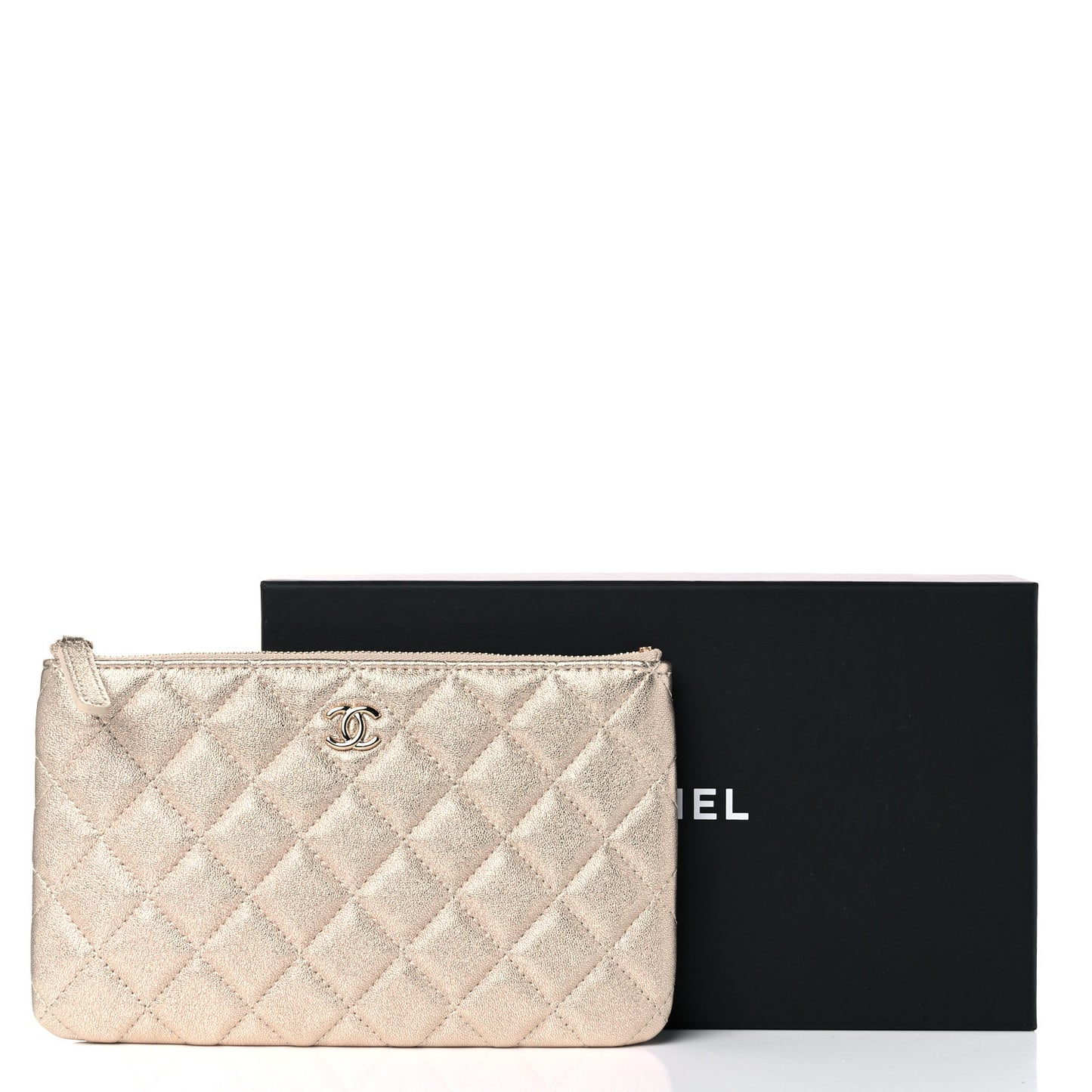 Metallic Lambskin Quilted Cosmetic Case Gold