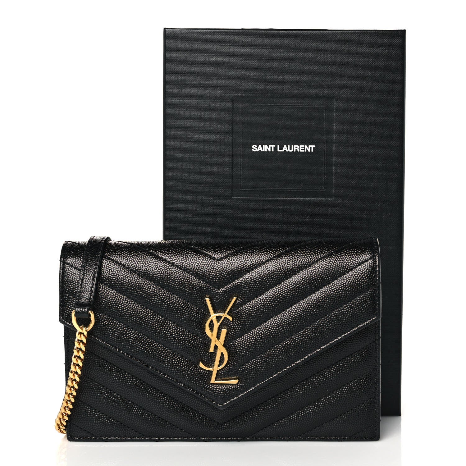 Saint Laurent Grain De Poudre Matelasse Chevron Monogram Envelope Chain Wallet Black 10 of 10