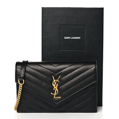 Saint Laurent Grain De Poudre Matelasse Chevron Monogram Envelope Chain Wallet Black 10 of 10