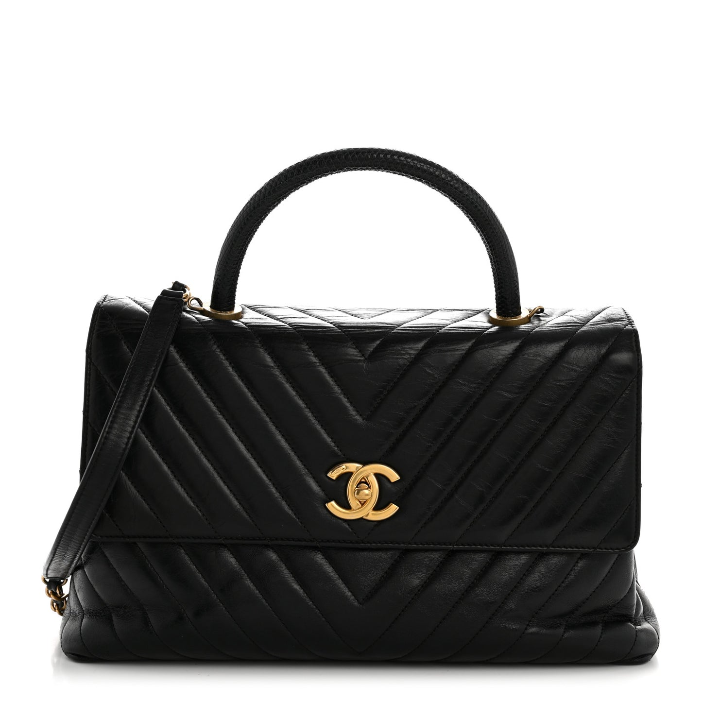 Calfskin Lizard Chevron Quilted Medium Coco Handle Flap Black