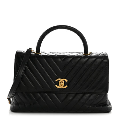Chanel Calfskin Lizard Chevron Quilted Medium Coco Handle Flap Black 1 of 15