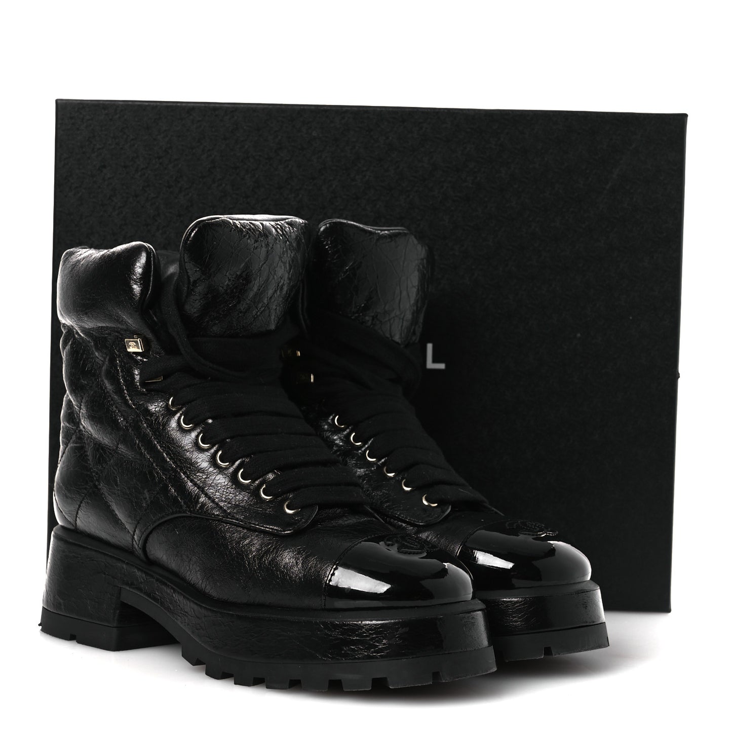 Crumpled Patent Lambskin Calfskin Quilted Lace Up Combat Boots 39 Black