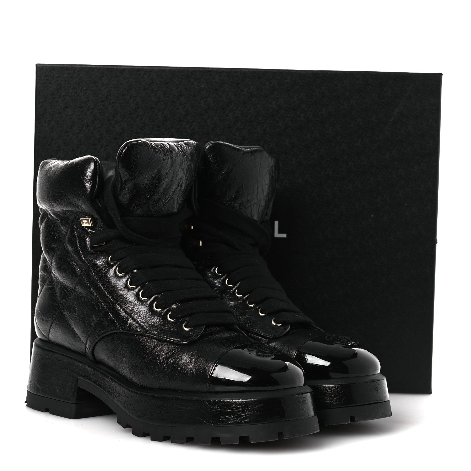 Chanel Crumpled Patent Lambskin Calfskin Quilted Lace Up Combat Boots 39 Black 11 of 11