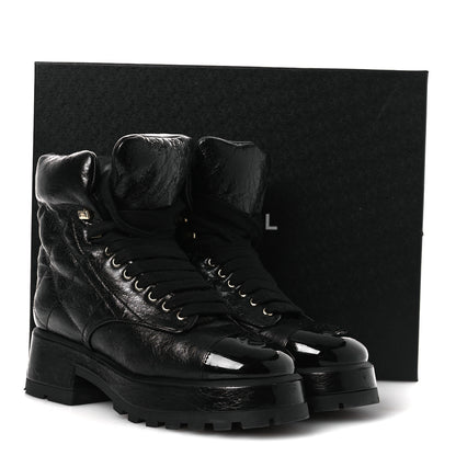 Chanel Crumpled Patent Lambskin Calfskin Quilted Lace Up Combat Boots 39 Black 11 of 11