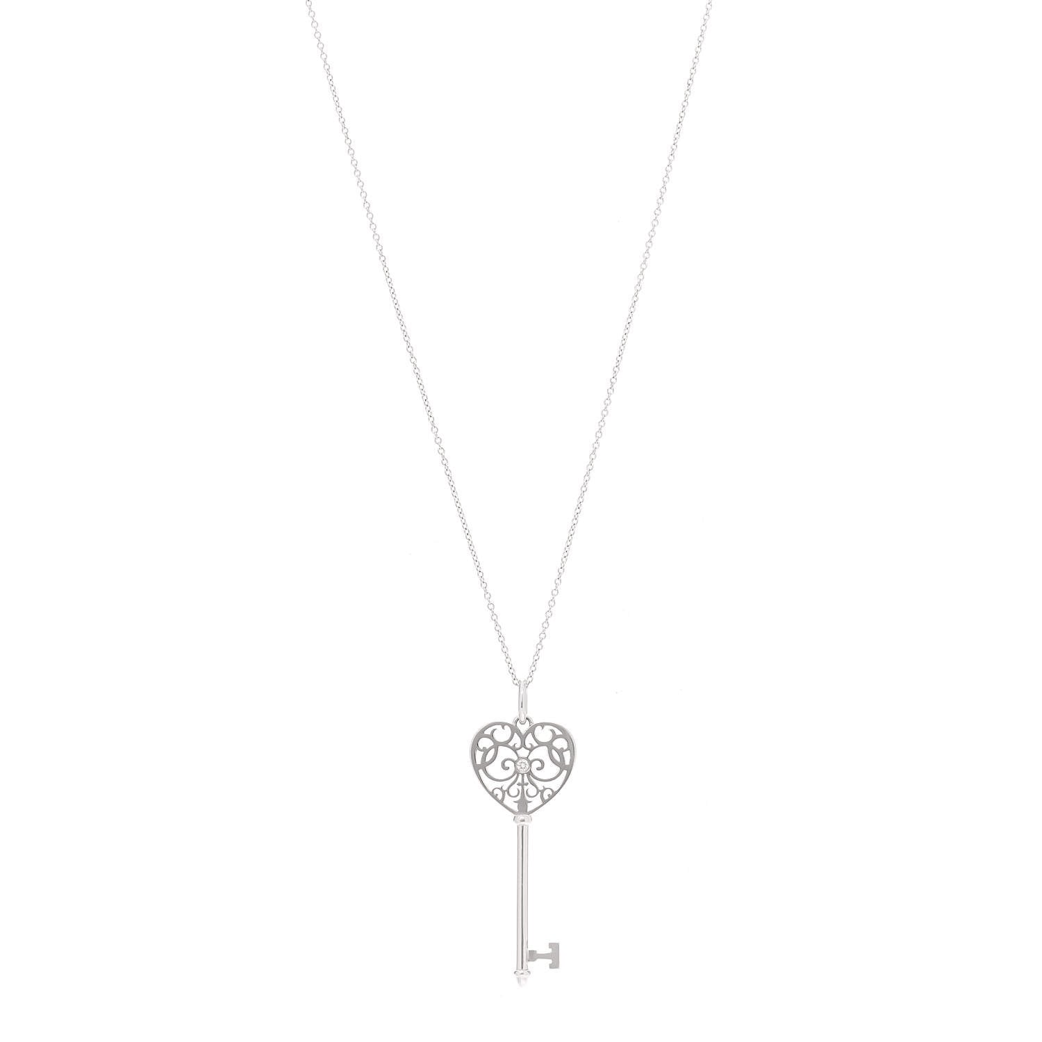 Tiffany 18K White Gold Diamond Enchant Heart Key Pendant Necklace 1 of 7