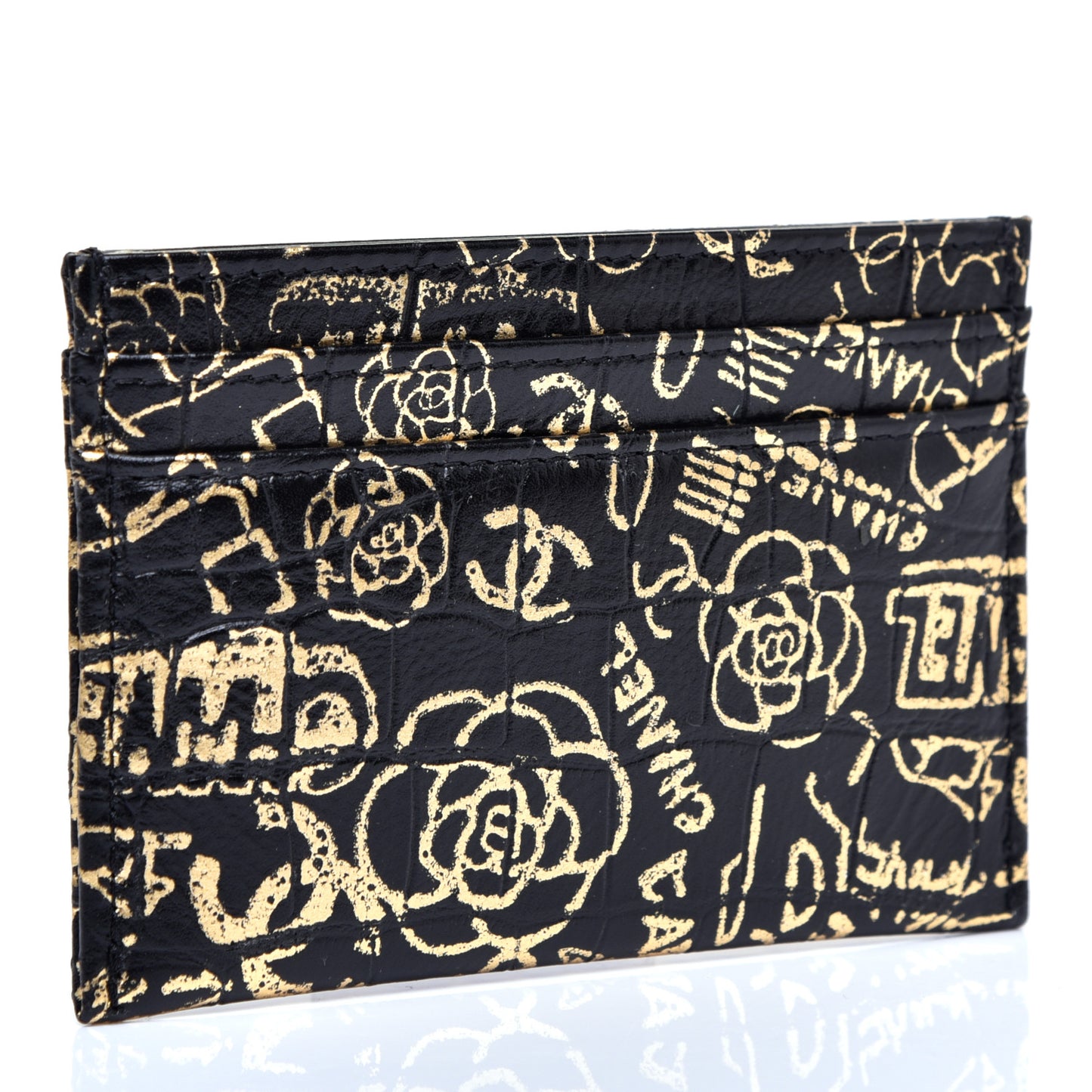 Calfskin Crocodile Embossed Graffiti 2.55 Cocodile Reissue Card Holder Black Gold