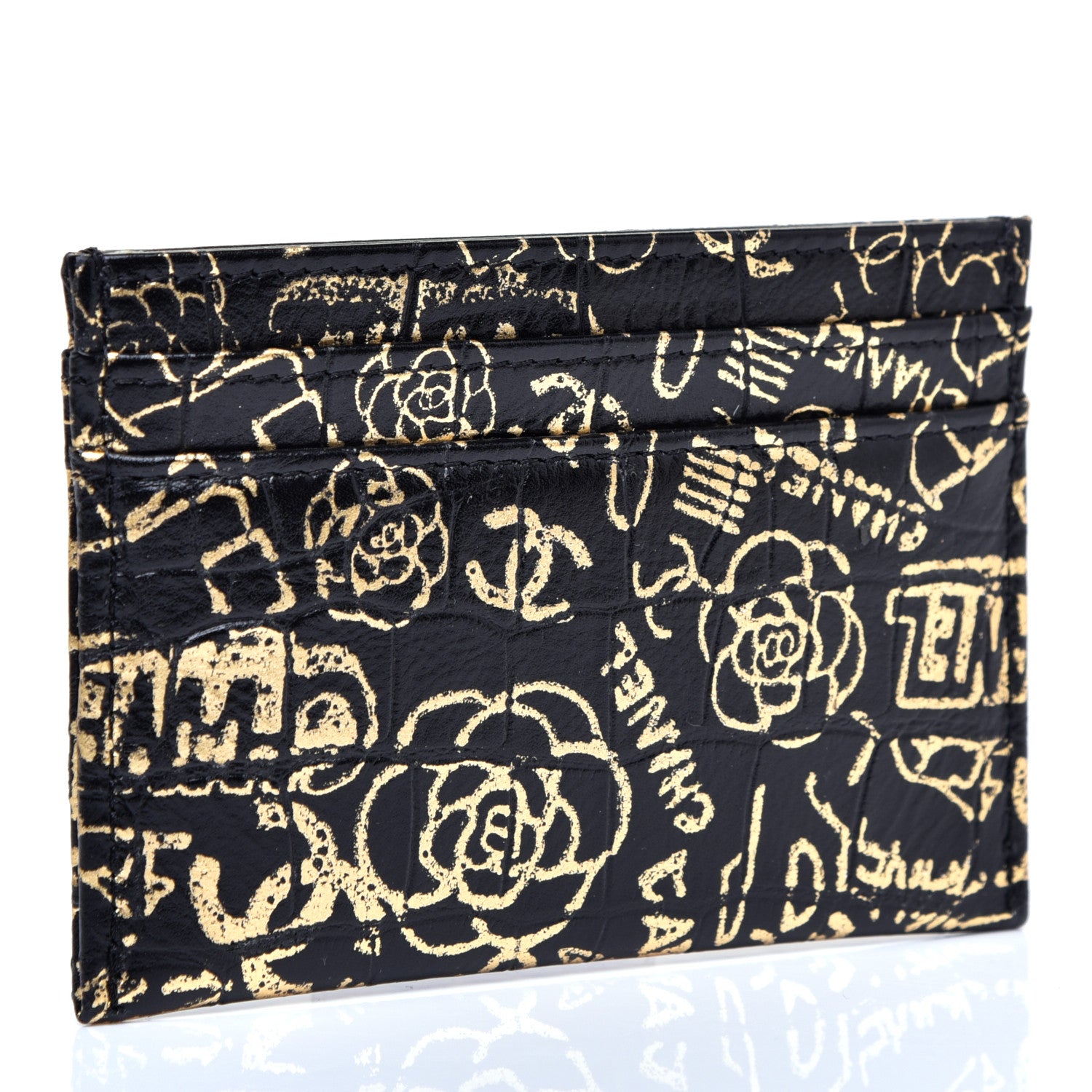 Chanel Calfskin Crocodile Embossed Graffiti 2.55 Cocodile Reissue Card Holder Black Gold 3 of 8