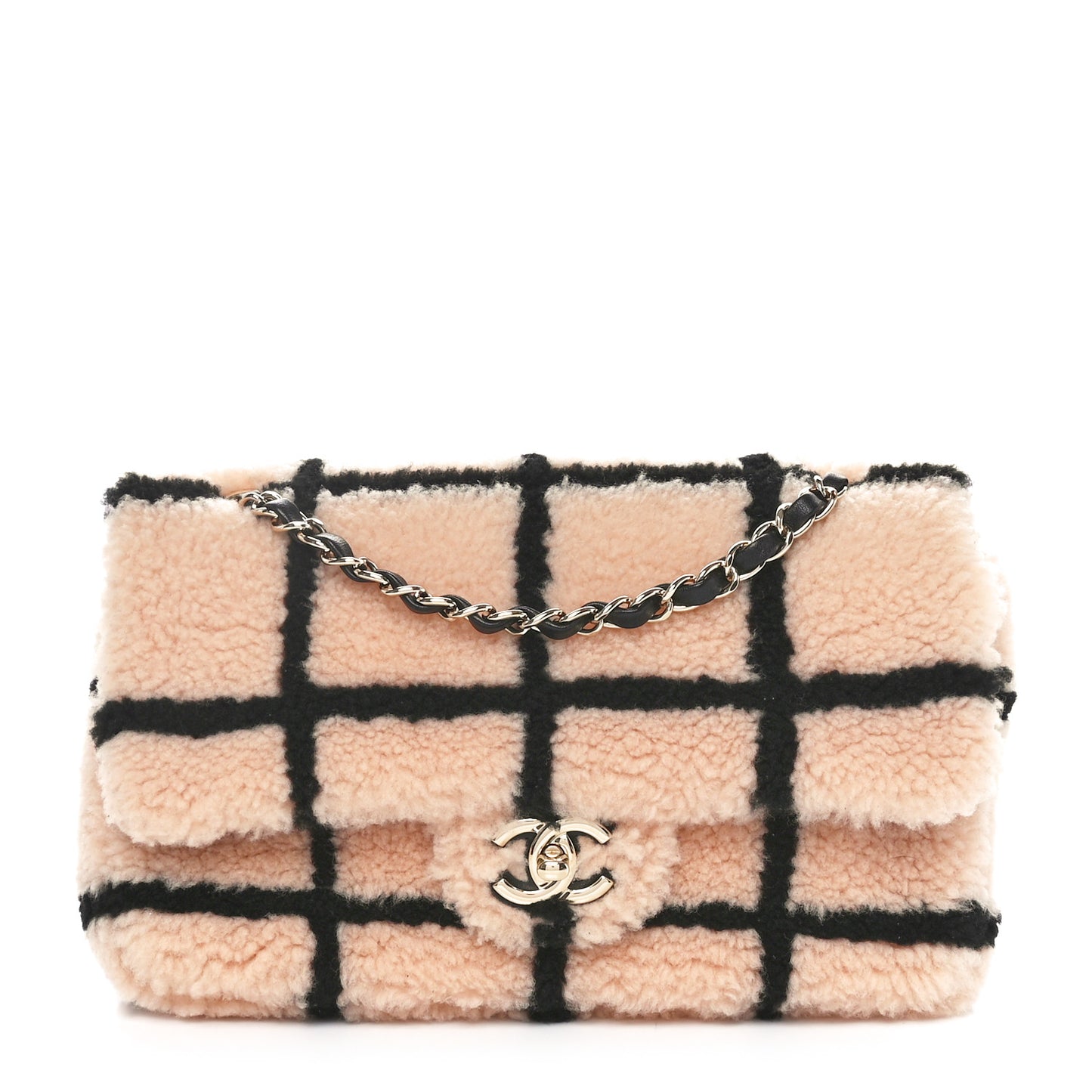 Shearling Lambskin Large Fluffy Tartan Single Flap Pink Black