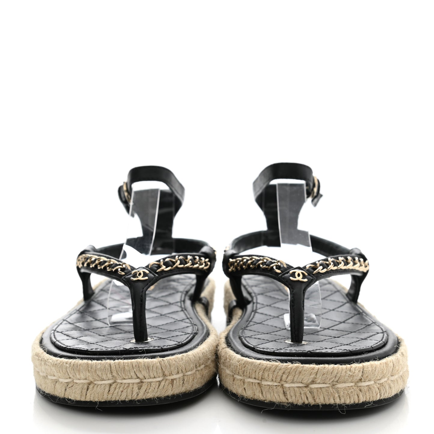 Lambskin Chain CC Thong Espadrille Sandals 39 Black