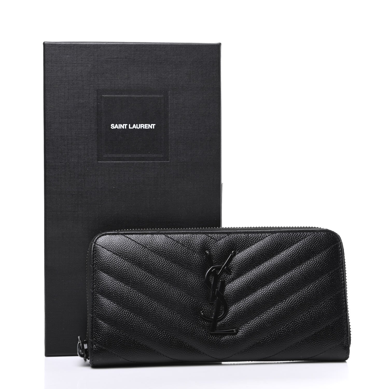 Saint Laurent Grain De Poudre Matelasse Chevron Monogram Zip Around Wallet Black 9 of 9
