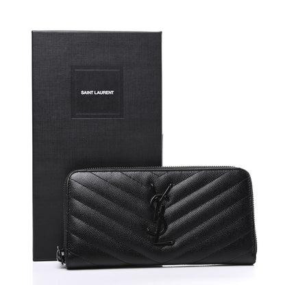 Saint Laurent Grain De Poudre Matelasse Chevron Monogram Zip Around Wallet Black 9 of 9