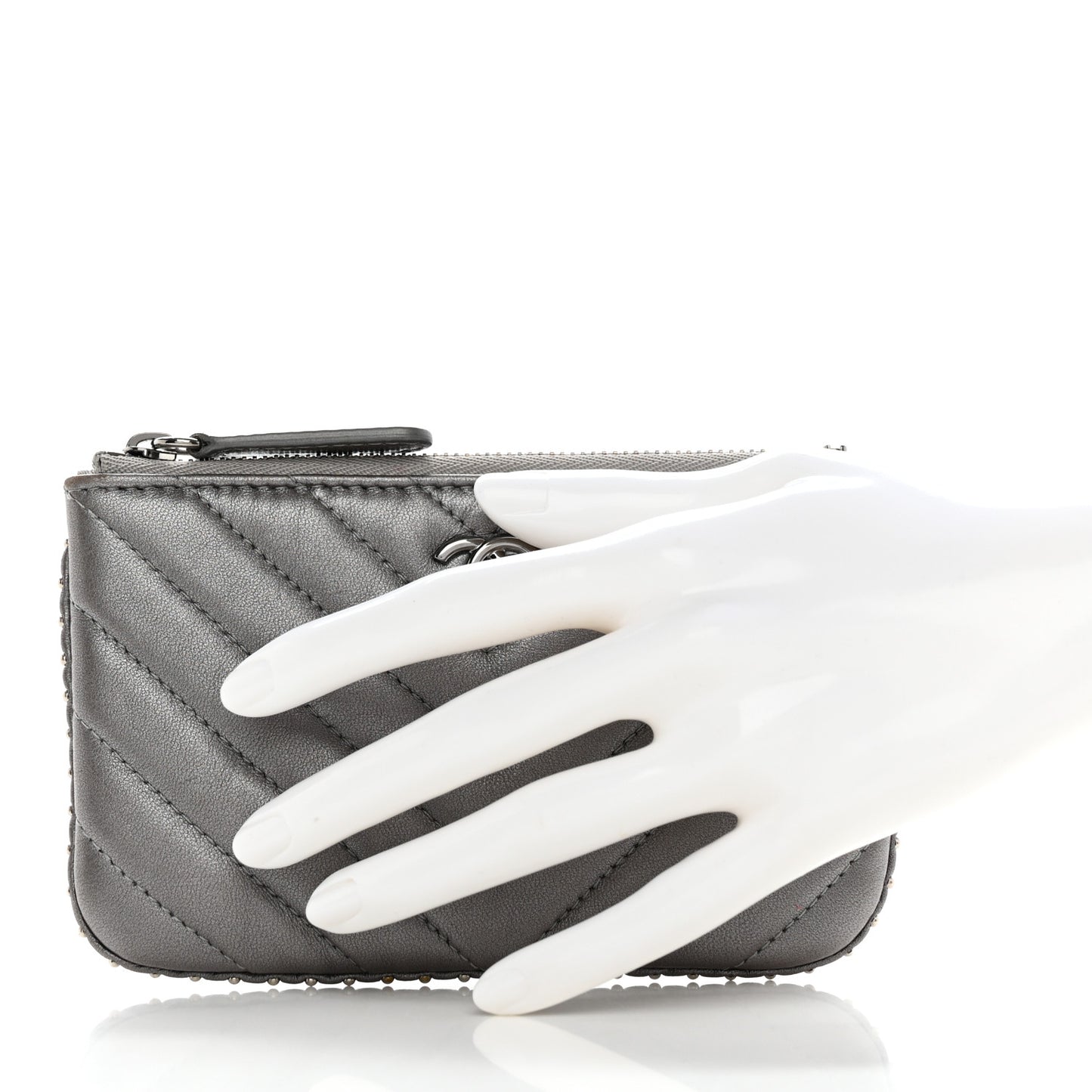 Crumpled Calfskin Chevron Quilted Studded Small Cosmetic Case Grey