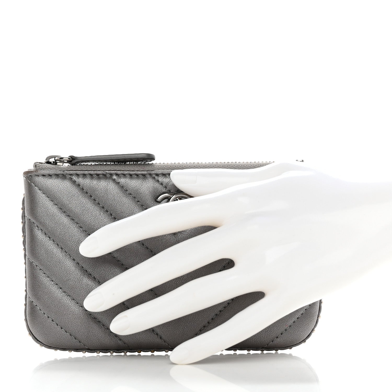 Chanel Crumpled Calfskin Chevron Quilted Studded Small Cosmetic Case Grey 2 of 7