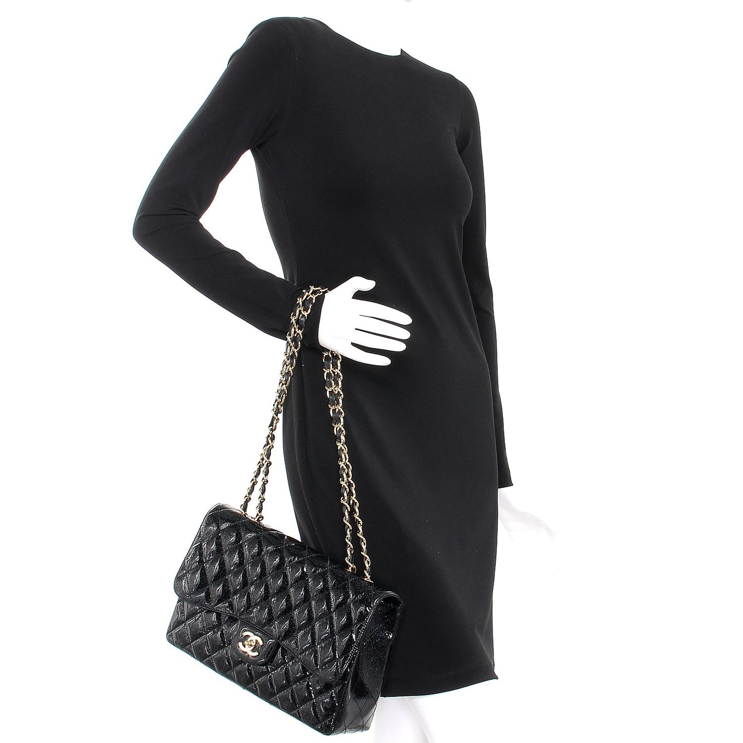 Patent Quilted Sparkle Glitter Jumbo Single Flap Black