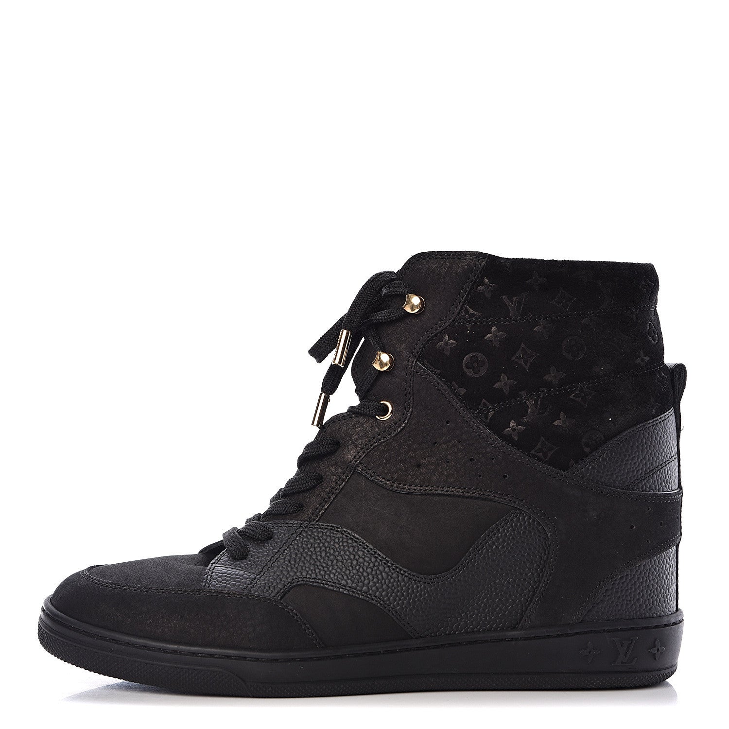 Louis Vuitton Calfskin Suede Monogram Cliff Top Wedge Sneakers 41 Black 1 of 13