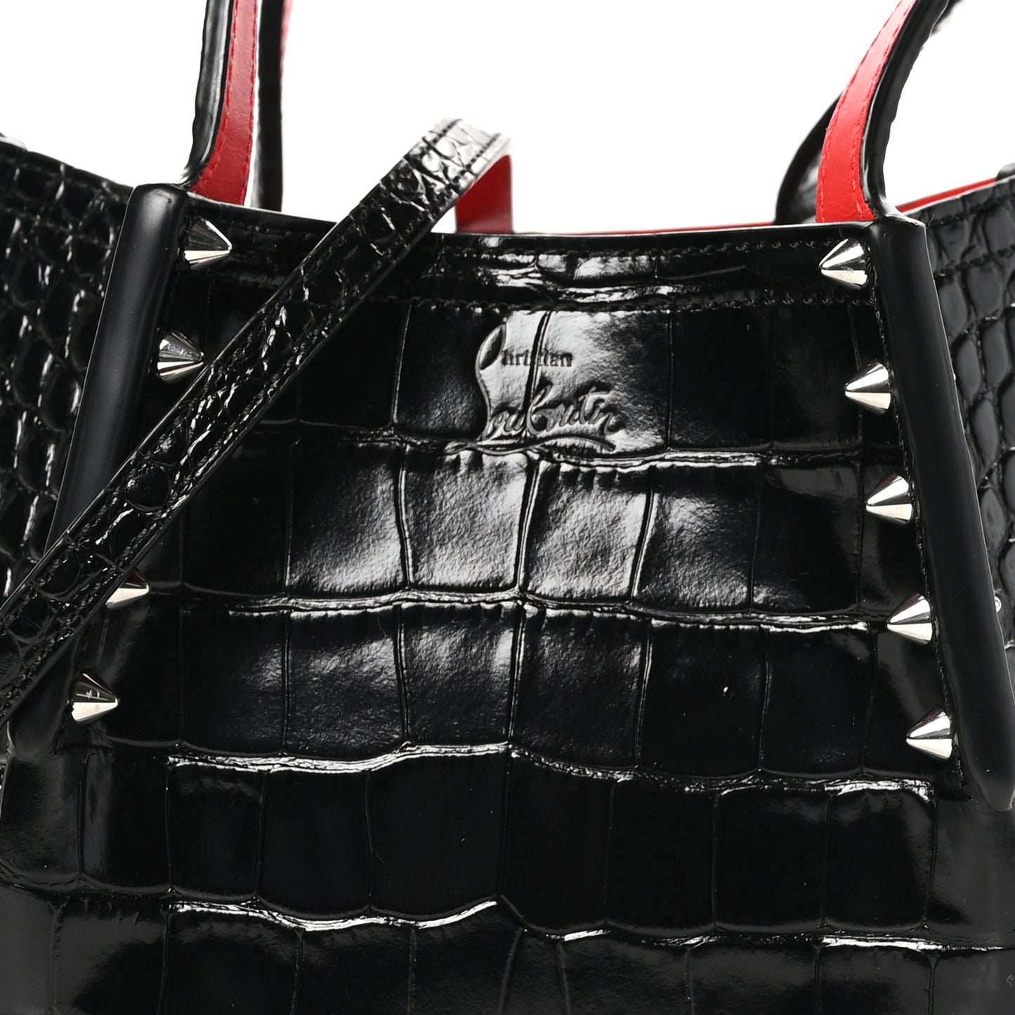 Patent Crocodile Embossed Spiked Mini Cabarock Shopper Tote  Black