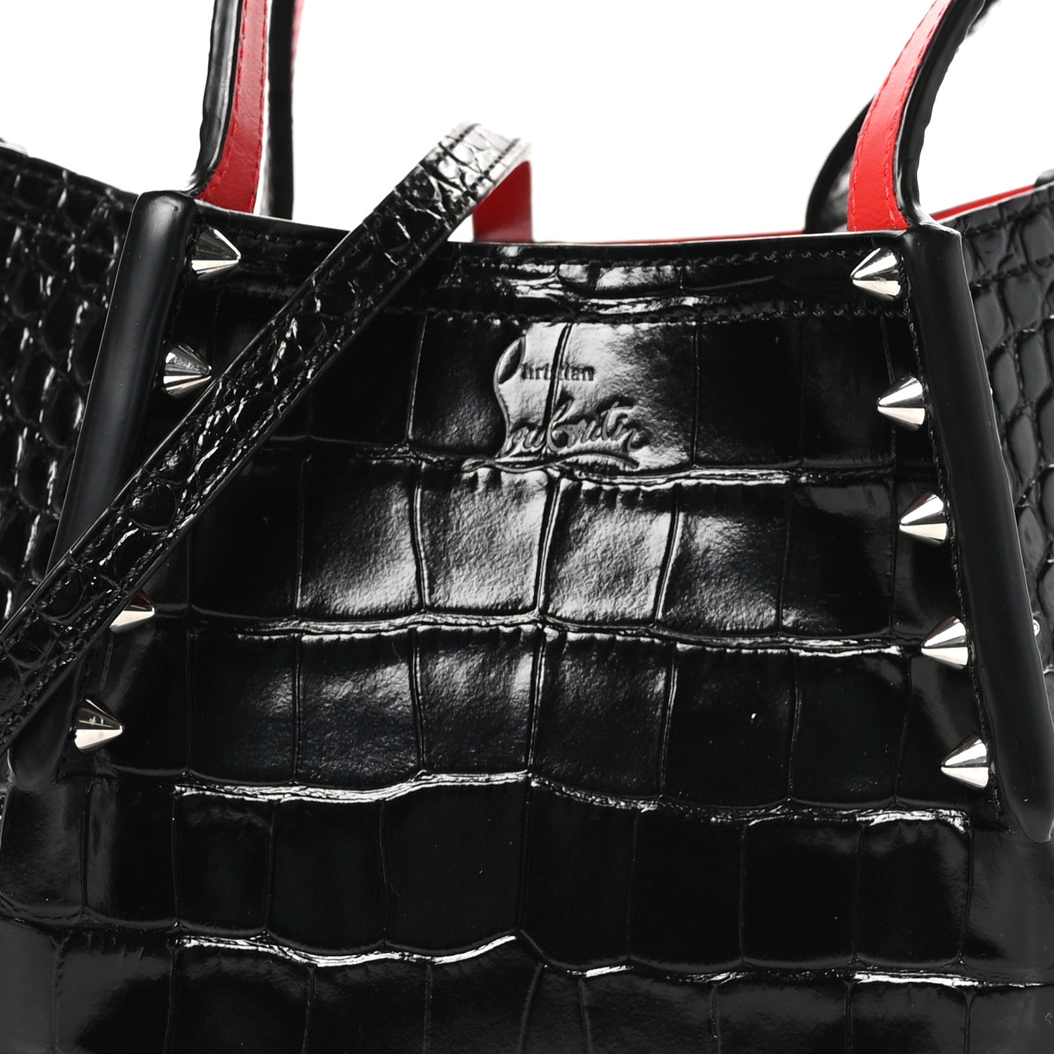 Christian Louboutin Patent Crocodile Embossed Spiked Mini Cabarock Shopper Tote  Black 6 of 8